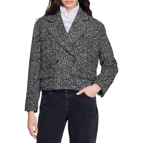 SANDRO PARIS ZAZIE SUIT BLAZER CROP TWEED SZ 40 ( US 8 ) - Picture 1 of 14